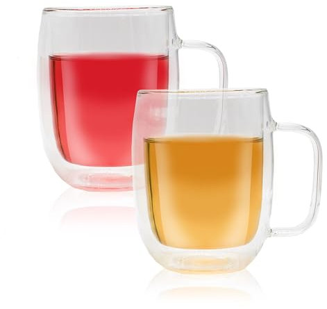 Horae - Juego de tazas de cristal transparente de doble pared de 330 ml, resistente al calor, taza transparente para té, infusiones, café, capuchino