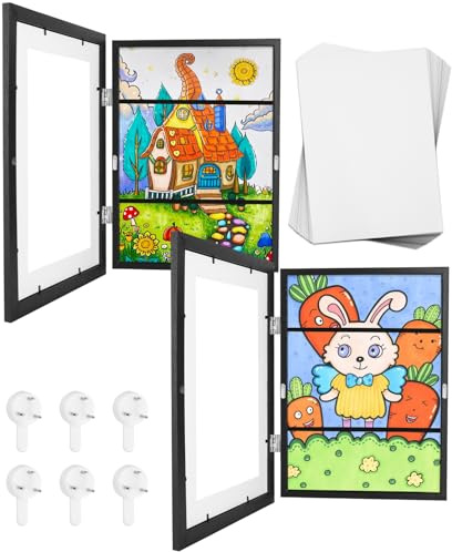 LEAZZLE Cornici Artistiche per Bambini da 2 Pezzi, A4 con Apertura Frontale, Punti Metallici Antitraccia (Nero)