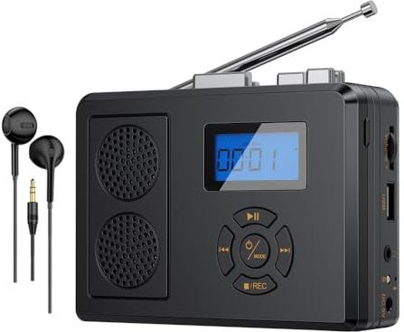 Portable Cassette Tape Player, FM Radio/USB Player/MP3 Digital Converter, Built-in Dual Stereo Speaker & Rechargeable Battery, LCD Display with Headphone Jack