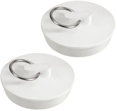 Pack of 2 Bathtub Drain Stopper, 1-3/4 Inch White Rubber Sink Stopper Universal Bath Tub Sink Shower Drain Plug with Hanging Ring for Kitchen Laundry Bathroom Tub