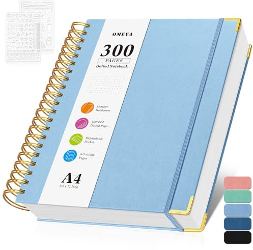 Notizblock, Notizbuch A4 Gepunktetes, Bullet Dotted Journal, Notizbücher mit 300 Seiten, 120GSM, Hardcover Leder spiralbindung Dot Journal für Frauen und Männer,Großes Notizbuch für Arbeit Büro Schule