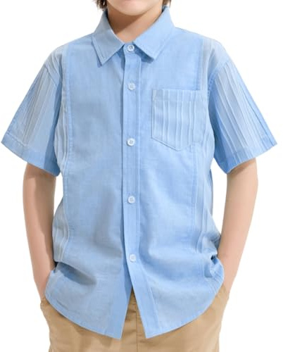 LOLANTA Camisa de Manga Corta para Niños, Mezcla de Algodón y Lino Transpirable, con Botones y Bolsillos, Corte Regular, Camisa de Verano Casual para la Escuela(Azul, 10-11 años, 150)