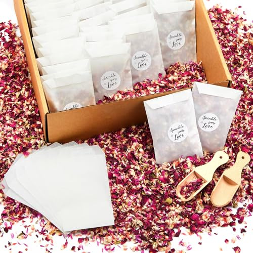 Tenare 100 Sets de Confettis de Mariage pour 95-100 Invités, Comprenant Pétales de Rose Séchés Naturels Sacs de Confettis en Verre et Autocollants Pelle en Bois et Boîte de Présentation(Simple)