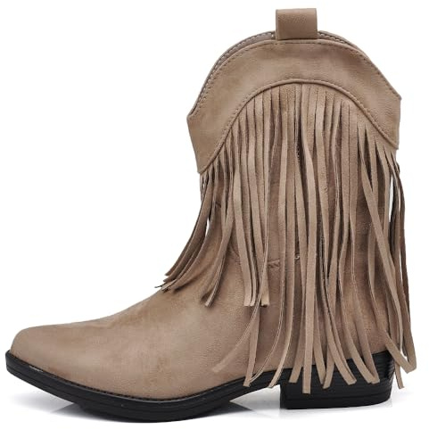 IF Texani Cowboy Western Scarpe da Donna Stivali Stivaletti Frange Camperos Etnici ML523 taupe N.40