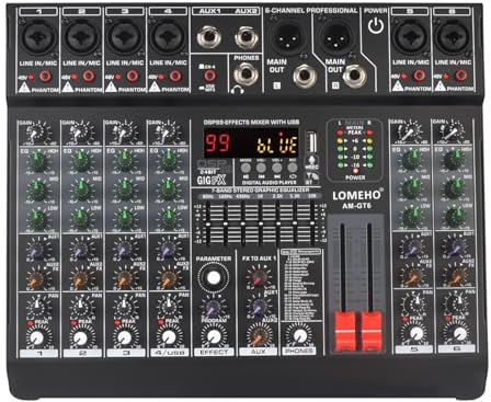 DJ-mixer, 6 monokanaler mixerkonsol 99 digitala effekter Bluetooth USB PC ljudmixer med 48V for Church AM-GT6