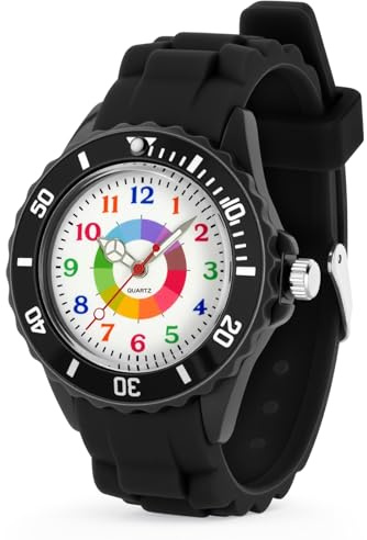 OSDUE Kinderuhr Jungen Mädchen, 3ATM Wasserdicht Lern Armbanduhr Kinder mit Drehbarem Lünettenring Uhren Analog Quarzuhr für Kinder von 5-15 Jahren Mehrfarbige Zifferblatt mit Klaren Skalen, Schwarz