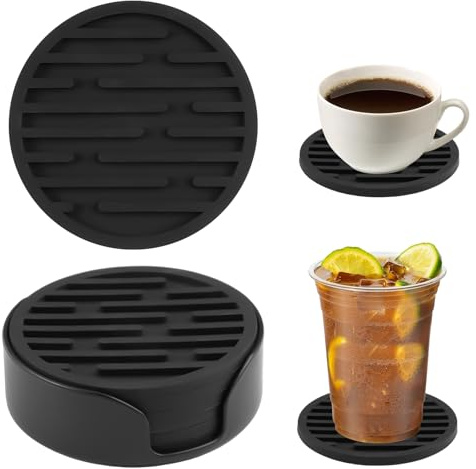 Set di 6 Sottobicchieri in Silicone con Righe Antiscivolo e Rack di Conservazione Neri – Resistente al Calore, Isolanti per Bicchieri da Vino, Birra e Caffè, – Accessori per Tavola e Bar