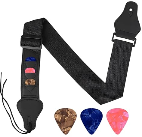 GXAHSOL Tracolla per Chitarra Intrecciata Regolabile, 3 Supporti per Plettri, Tracolla Regolabile per Chitarra Con Estremità in Pelle per Chitarras Acustico, Chitarras Elettrico, Basso, Nero