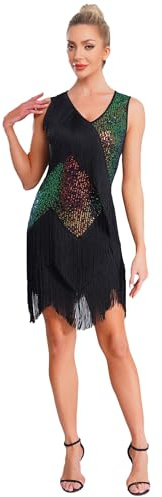Nyeemya Vestido de Baile Latino con Flecos para Mujer sin Mangas de Fiesta Brillante Vestidos de Baile de Salón Vestido Vintage Mujer Años 20 para Actuación M-XL Verde Oscuro XL