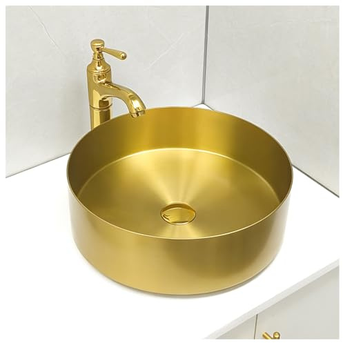 ASKLFNEI Gold Stainless Steel Countertop Basin - Round Brushed Finish Bathroom Vessel Sink with Pop-Up Drain Assembly, Modern Style,Durable Single Wash Basin for Home & Hotel Use(40x40x12.5cm)
