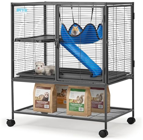 Fragess Large 36.5 Rolling Metal Cage, 2-Tier Small Animal Cage for Ferrets, Chinchillas, Rats, with 0.5'' Bar Spacing, Removable Ramp & Platform (Medium)