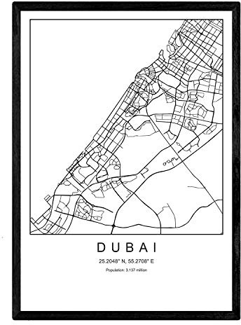 Nacnic Lámina Mapa de la Ciudad Dubai Estilo nordico en Blanco y Negro. Poster tamaño A3 Sin Marco Impreso Papel 250 gr. Cuadros, láminas y Posters para Salon y Dormitorio