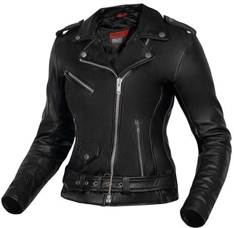 OZONE MOTO Classic Lady Chaqueta de Moto Mujer | Cuero | Protectores de Codos y Hombros | 5 Bolsillos | Ajuste de Cintura