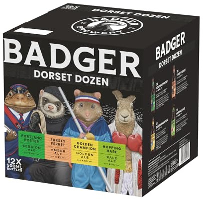 Badger Beers Dorset Dozen Beer Multipack (3.4-4.5% ABV) | Golden Ale, Amber Ale, Pale Ale & Session Ale | Gift Box of 12 x 500ml beer bottles