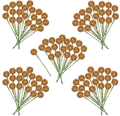 100 Pcs Christmas Holly Berries Artificial Glitter Gold Holly Berries,Christmas Berries Gold Berry Stems for Wreath Decorations Craft Christmas,Xmas Tree,Garland DIY Craft Wire Berries Party Decor