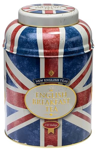 New English Teas Union Jack Large Round Tea Caddy with 240 English Breakfast Teabags