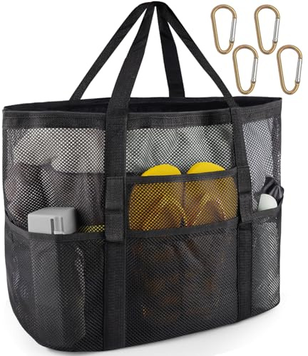 SRISE Mesh Beach Bag - Large Beach Tote Bag for Family Beach Bag for Toys & Vacation Essentials, Black, 16.5 x 8.5 x 15, Minimalist