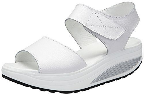 Mesing Sandales Compensées Femme Été Sandales Plateforme Orthopédique Confort Cuir Chaussures Talon pour Marcher LX366-White-EU41