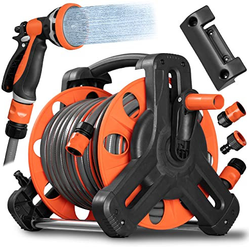 Schlauchtrommel mit 30 Meter starkem PVC-Schlauch, Wandrollen, reduzierter Packsack und Pistole mit 10 Funktionen, Speer mit verschiedenen Wasserstrahlen, Verstellbarer Sprühkopf