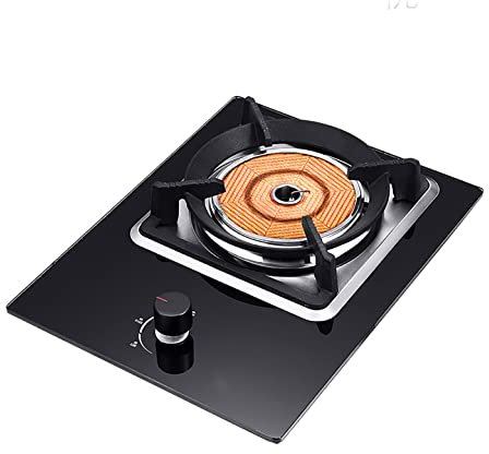 Placa de cocina de gas Placa de cocina Wok de infrarrojos incorporada de vidrio templado negro de 33 cm, gas natural/gas propano, válvulas de seguridad, soportes para sartenes de hierro fundido,