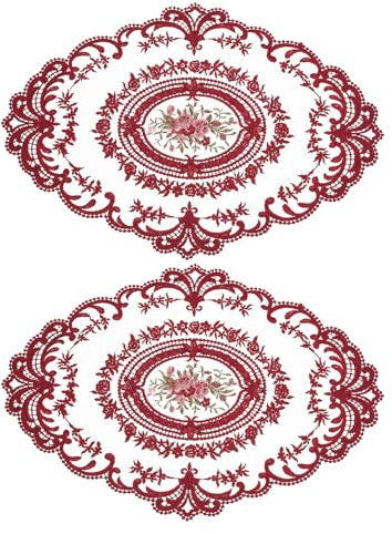 sourcing map 2er Pack Retro Spitzenplatzset 12x16 Zoll Oval Bestickte Tischsets Französische Häkeldeckchen Untersetzer Tassenmatte für Zuhause Hochzeit, Rot