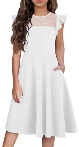 Arshiner Ragazze Abito Estivo Manica Volant Maglia A Linea Casual Abiti da Festa con Tasche 11-12 Anni Bianco 150