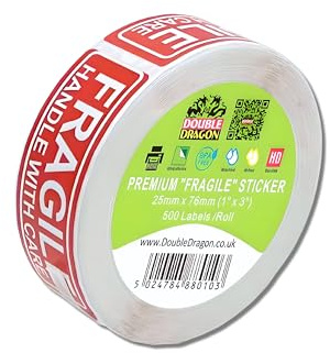 Double Dragon Fragile Stickers, 500 Labels, 1 x 3 (25mm x 76mm), Red Warning Labels for Shipping and Packaging