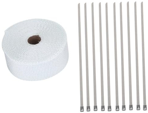 32ft Exhaust Heat Wrap Roll With 10 Stainless Steel Ties - Header Wrap Kit for Motorcycle Car Pipes, Manifold (White)