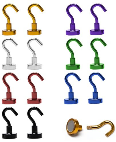 Bofanze Pack of 14 Colourful Magnetic Hooks, Extra Strong Neodymium Magnets with Hooks for Camping, 10 kg Magnetic Hooks for Iron Doors, Refrigerators, Kitchens, Clothes Rack, Office