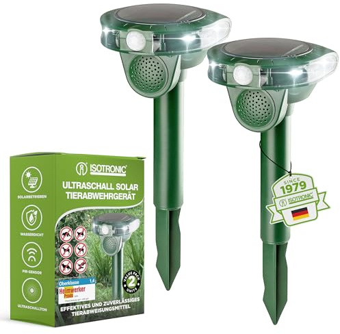 ISOTRONIC Répulsif ultrasonique pour Chats, Chiens, Renards et ratons laveurs – Répulsif Solaire pour Chats avec Piquet de Jardin – Répulsif pour Chiens avec Une portée Efficace de 40 m² (2 pièces)
