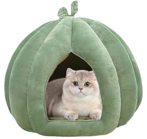 Grotte de Lit pour Chat - Abri d'hiver Chaud, Pumpkin Cat House Fermé, Cachette Respirante Lavable pour Chats/Petits Chiens, avec Coussin Amovible (M)