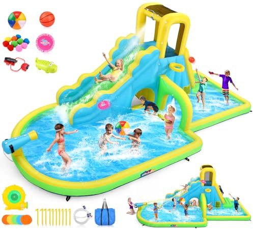 Whubefy 16.4x10 FT Mega Inflatable Water Slide for Kids Backyard w/Long Slide & Tunnel, 13-in-1 Blow Up Waterpark w/Giant Splash Pool, Climbing Wall, Obstacle Door, Basketball Rim, Water Cannon