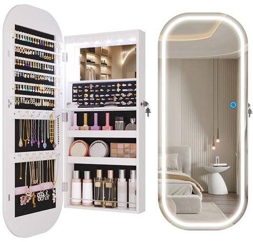 LVSOMT LED Oval Schmuckschrank Hängend, Wand/Tür Hängend Schmuckschrank mit Spiegel, Abschließbarer Schmuck Schrank mit 3 Farben Licht Ganzkörperspiegel Rund, Höhenverstellbarer Haken, Weiß Holz