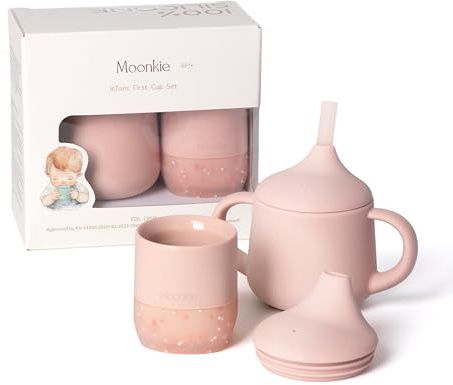 Moonkie Baby Sippy Cup Set, Silicone Baby Cups 2oz & 3 Stages Toddler Training Bottle 4oz, Weaning Essential for 4M+, BPA Free, with Capacity Markings, for Toddler 6-12 Months(Blush Set)