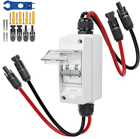 WSPIHO PV Sicherungsautomat 2 Polig für PV Anlage,IP65 Wasserdicht Gehäuse Verteilerkästen,DC Trennschalter Leitungsschutzschalter mit Photovoltaik Kabel (20A DC1000V)
