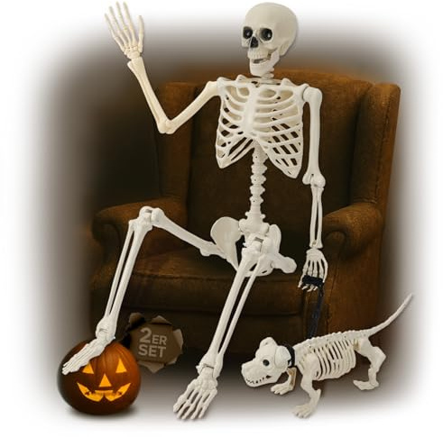 Festicy Squelette Halloween 160 cm avec Chien et Laisse I Squelette Halloween Taille réelle Robuste et résistant aux intempéries I Deco Halloween Exterieur et intérieur réaliste pour effrayer
