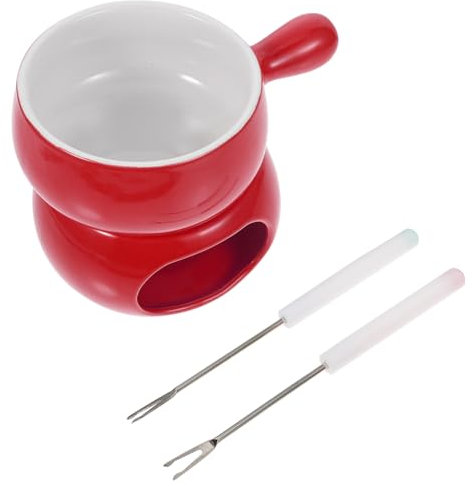 BESTYASH Fonduta Ceramica con Manico Pentola Riscalda Burro e Formaggio per Cucina Casalinga Design Pratico e Facile da Usare Rosso con Base Inclusa e Forchette