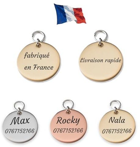Custamix Médaille Chien et Chat Personnalisée – Plaque d’Identification en Acier Inoxydable avec Gravure Laser (Nom, Adresse, Téléphone) – Fabriquée et Gravée en France, idéale pour Collier Animal.