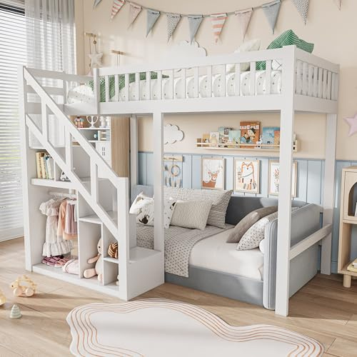 Etagenbett für Kinder, 140 x 200 cm, Doppelhochbett, Hüttenbett für Kinder, multifunktional, mit Treppe und Schließfächern, stabile Rampe, Fallschutz, Lattenrost, ohne Matratze, weiß