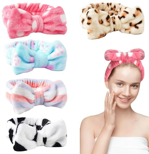 YOCHLEY 5 Pièces Bandeau Maquillage Femme Bowknot Cheveux pour Soin Visage Élastique Moelleux Bandeaux de Bain Esthétique Bandeau de Spa pour Spa Yoga