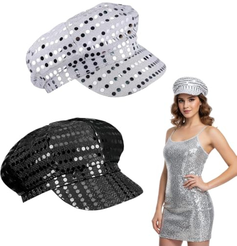 EYWILYWI Abba Lot de 2 chapeaux disco à paillettes noires et argentées - Accessoire unisexe pour costume de carnaval Abba - Accessoire disco des années 70 pour festival rétro (2 pièces)