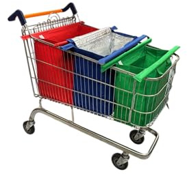 Trolley Bags for Shopping Trolley, Pack 3 of Bags with cool bag, Replace Carrier Bags, Heavy Duty Reusable Fabric Foldable Bag Organiser for Grocery Food Shopping, Washable (Red, blue, green)