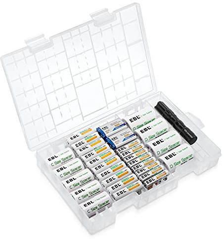 EBL Rechargeable Batteries Combo Include: 2800mAh AA 20 PCS, 1100mAh AAA Size 16 PCS, C Size Battery Spacers 5 PCS, D Size Battery Spacers 4 PCS, 2 PCS 9V Battery, and a Small Flashlight