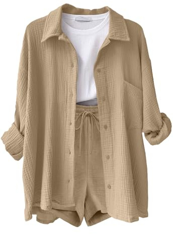 Joligiao 2 Piece Outfits Cotton Linen Shirt and Shorts Co Ord Sets for Women Summer Button Down Long Sleeve Shirt Top and Drawstring Linen Shorts Casual Loungewear Tracksuit for Airport Travel Beach