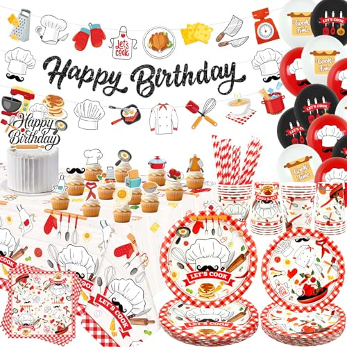 Decoraciones de cumpleaños de chef, decoración de fiesta de cocina, platos, tazas, servilletas, mantel, pancarta de feliz cumpleaños, decoración de pastel de globos, suministros de cocina, sirve 20