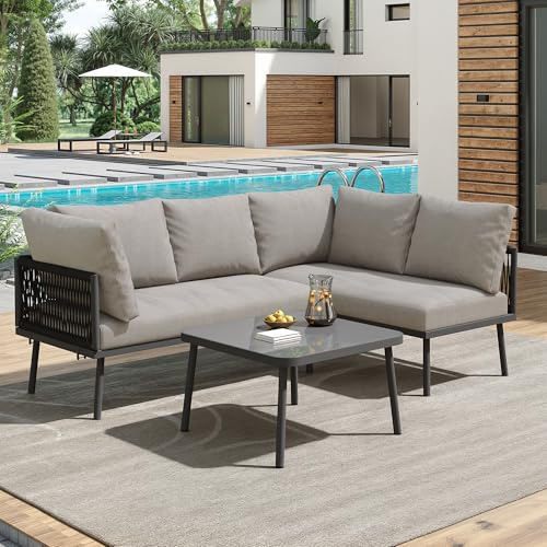 Fppuueg Conjunto de Muebles de Jardín Exterior 3 Piezas, Conjunto Mesa y Sillas Jardin con 2 Sofá de 2 Plazas con Cojines y 1 Mesa, Juego de Salón de Jardín, Conjunto Terraza Exterior, Gris