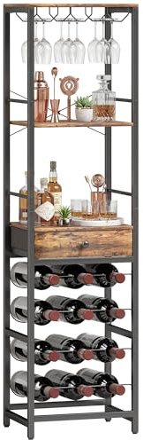 HOMCOM Mueble de Bar para Vinos con Soporte de Copas y Cajón, Botellero para 12 Botellas, con Estante Abierto, Estilo Industrial, para Cocina, Comedor, Bar, 40x30x148 cm, Marrón Rústico