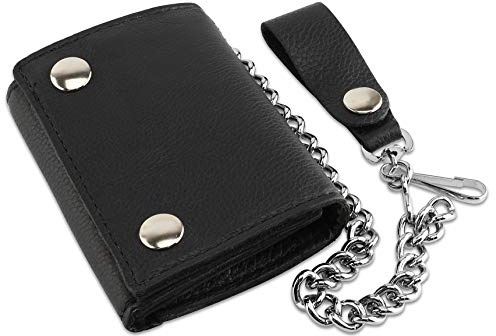RFID Blocking Men's Tri-fold Vintage Biker Cowhide Leather Steel Chain Wallet,Snap closure, Made In USA,GL315,black