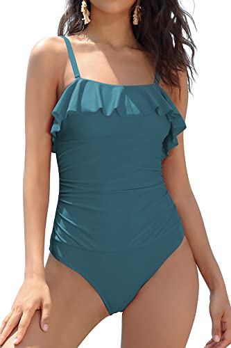 SHEKINI Donna Costume da Bagno Intero Bandeau Ruffle Removibili Ruched Beachwear Regolabili Backless Pancia Controllo Slim Mare Costumi(L,Verde)