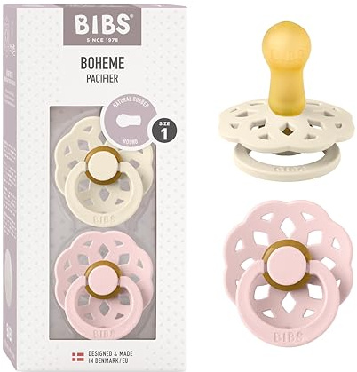 BIBS Boheme Soother 2-Pack. BPA Free. Round Nipple, Natural Rubber Latex, Made in Denmark. Size 1 (0-6 Months), Ivory/Blossom
